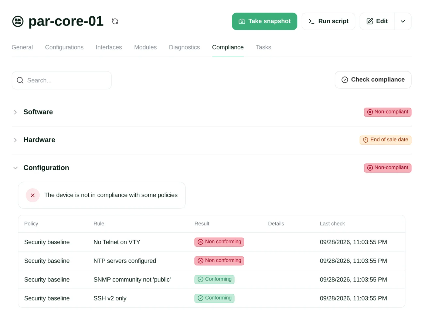 Compliance tab of a device in Netshot, showing non-compliant software, an end-of-sale warning, and a table of configuration rules with conforming and non-conforming results.