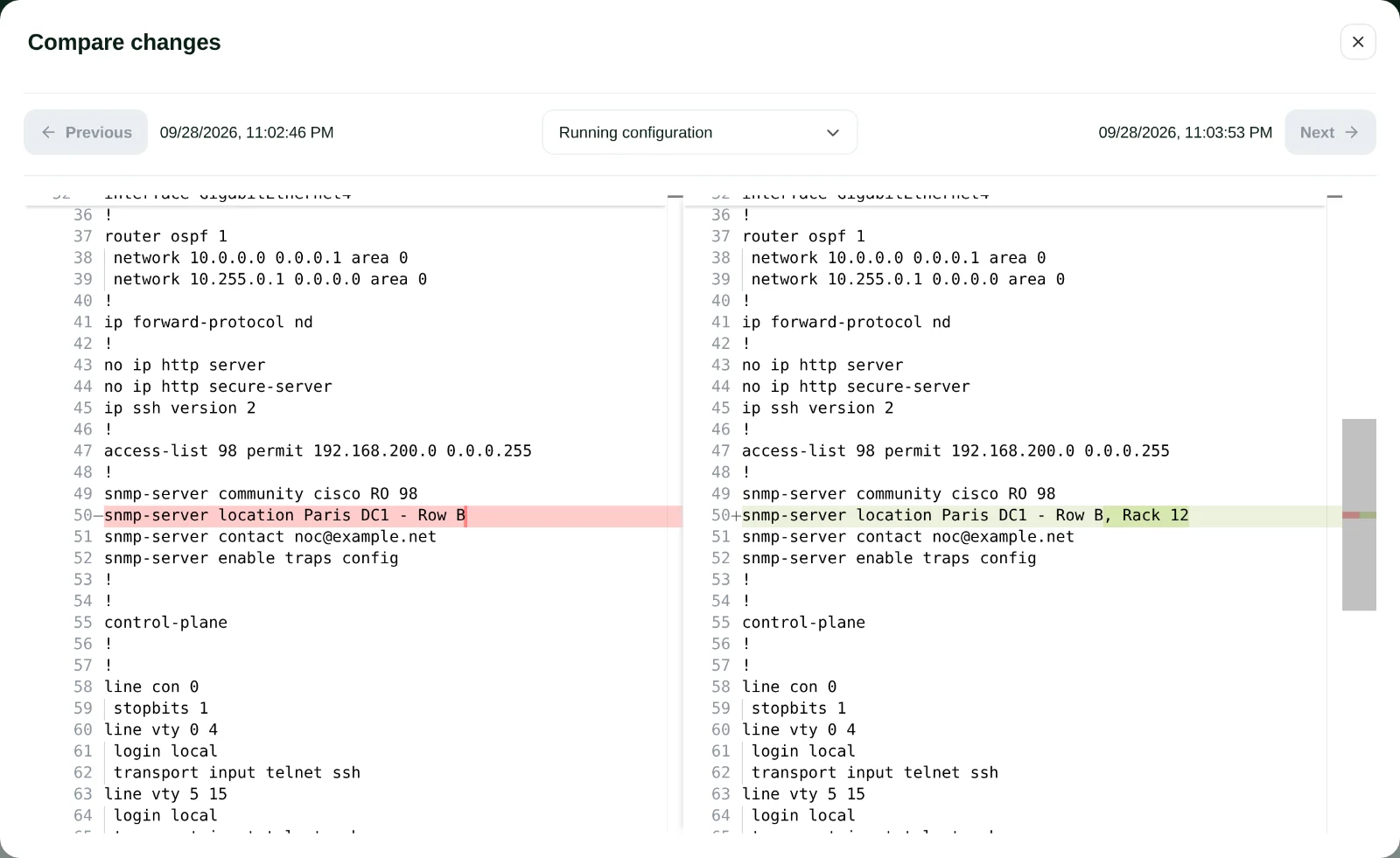 Side-by-side comparison of two versions of a Cisco router running configuration, with the changed SNMP location line highlighted.
